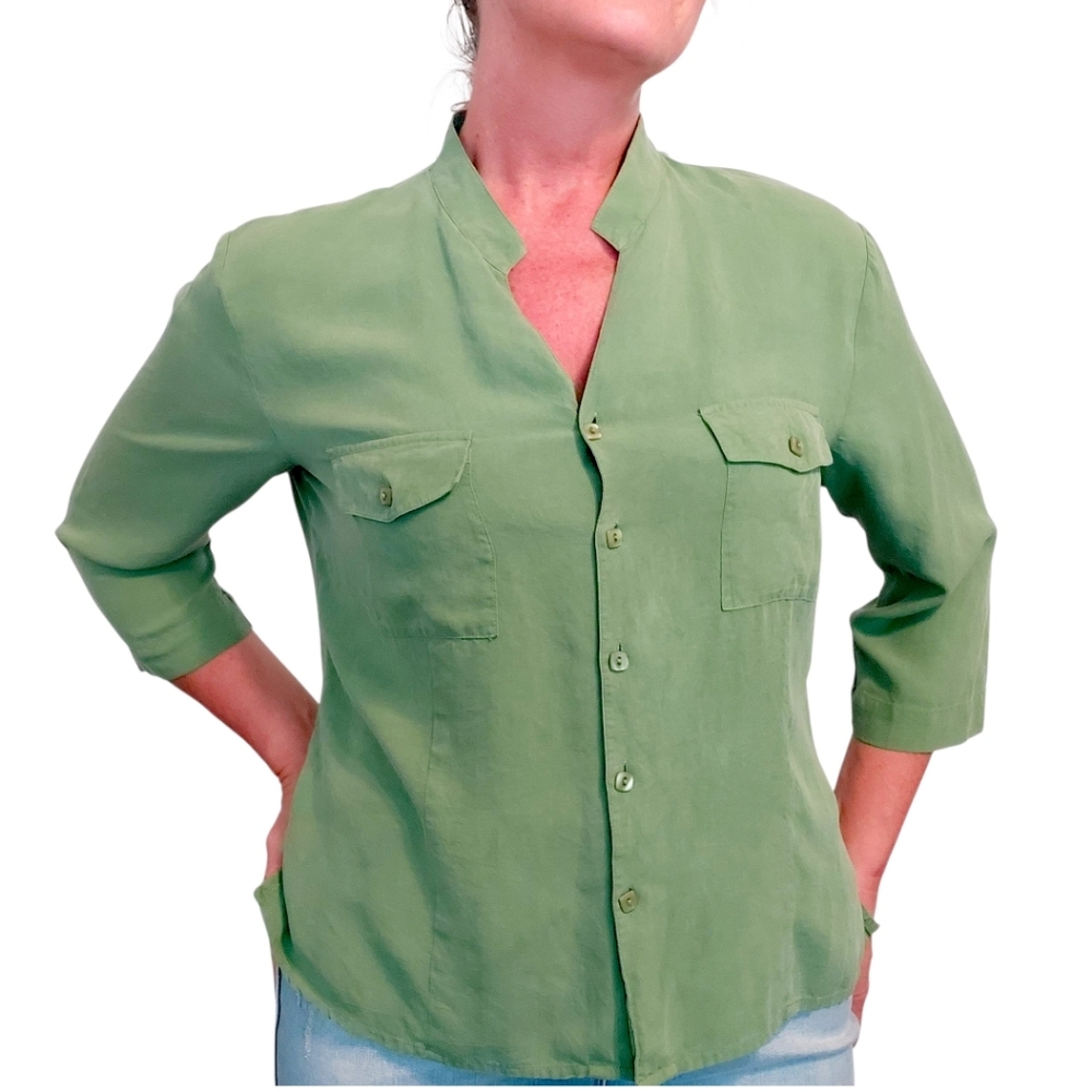 Kim Rogers Signature Silk Green Button-Down Shirt